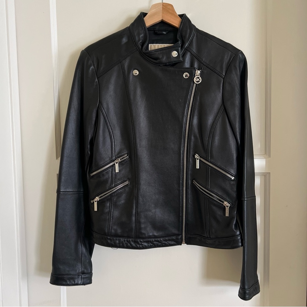 MICHAEL KORS, Black Leather Moto Leather Jacket